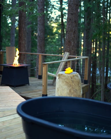 Wooden deck in forest with hot tubs, fire pit, and tall trees in background at dusk
