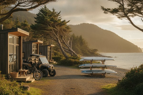 Modern cabin with glass doors on beach, surrounded by windswept trees, mountain, and water view with kayaks nearby.