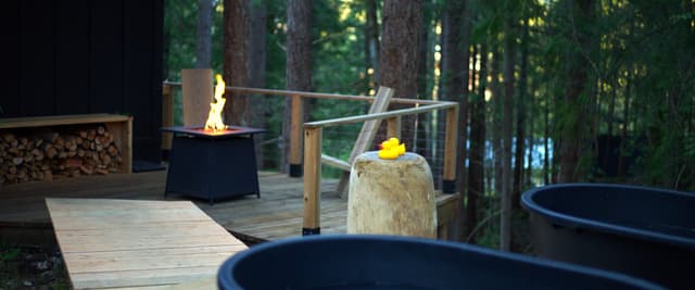 Wooden deck in forest with fire pit, soaking tubs, and tall trees in background at dusk