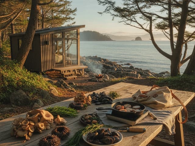 Modern cabin with large windows on rocky coastline, wooden table with seafood and cooking setup in foreground, tall trees framing calm bay view.