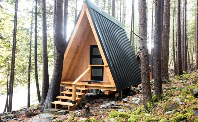 Modern A-frame cabin with wood and metal roof nestled among tall pine trees in forest setting