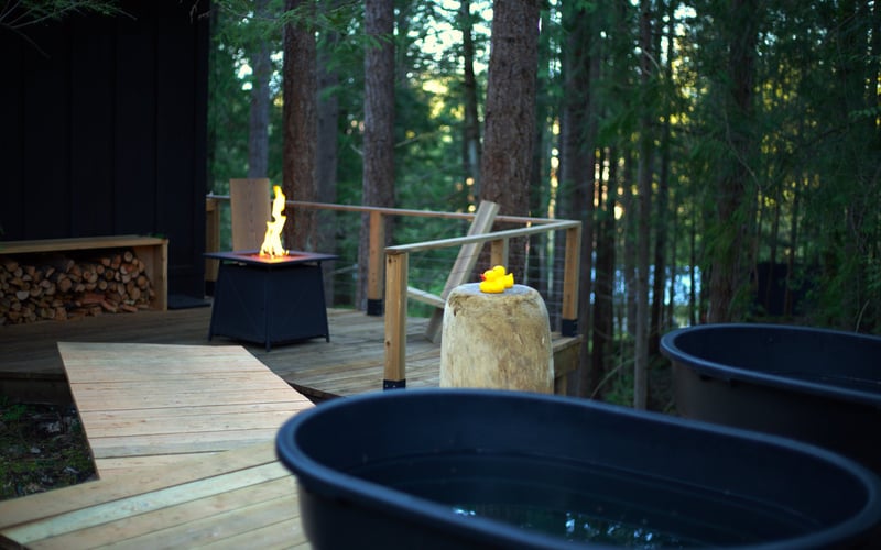 Wooden deck in forest with fire pit, hot tubs, and tall trees in background at dusk