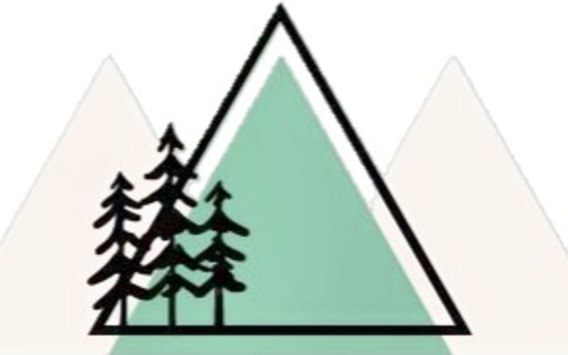 Stylized illustration of evergreen trees in front of a green mountain with beige mountains on either side